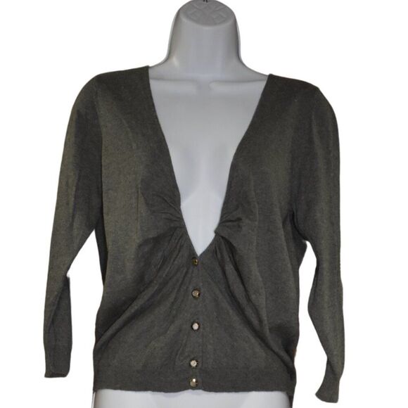 Bisou Bisou Gray Cotton Cardigan Sweater V Neck Button Up Women’s Size Large - Picture 1 of 9